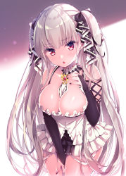 Rule 34 | 1girl, azur lane, bare shoulders, between breasts, between legs, black bow, black nails, blush, bow, breasts, cleavage, clothing cutout, collarbone, commentary request, earrings, fingernails, formidable (azur lane), grey hair, hair bow, hand between legs, hand on own chest, hand up, jewelry, large breasts, long hair, long sleeves, looking at viewer, nail polish, nemuri nemu, parted lips, red eyes, shoulder cutout, sleeves past wrists, solo, stud earrings, two side up, very long hair
