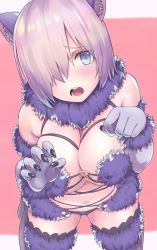 Rule 34 | 1girl, animal ears, bare shoulders, blue eyes, blush, breasts, chikuwa (garakuta waakusu), cleavage, cowboy shot, elbow gloves, fate/grand order, fate (series), fur trim, gloves, hair over one eye, halloween costume, highres, large breasts, leaning forward, light purple hair, looking at viewer, mash kyrielight, mash kyrielight (dangerous beast), navel, o-ring, o-ring top, official alternate costume, open mouth, purple gloves, revealing clothes, short hair, solo, thighhighs, wolf ears