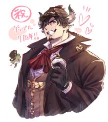 Rule 34 | 2boys, aion kiu, barawa, brown eyes, brown hair, character request, cropped torso, draph, eyewear on headwear, facial hair, goatee, granblue fantasy, holding, holding smoking pipe, looking at viewer, male focus, mature male, multiple boys, smoking pipe, pointy ears, short hair, smirk, solo focus, translation request