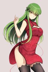 Rule 34 | 1girl, black ribbon, black thighhighs, breasts, c.c., china dress, chinese clothes, cleavage, cleavage cutout, clothing cutout, code geass, covered navel, cowboy shot, dress, floating hair, green hair, grey background, hair ribbon, highres, large breasts, long hair, looking at viewer, lucky keai, parted lips, red dress, red ribbon, ribbon, shiny clothes, side slit, simple background, sleeveless, sleeveless dress, solo, standing, thighhighs, very long hair, yellow eyes