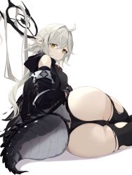 Rule 34 | 1girl, absurdres, arknights, armband, ass, bare shoulders, black hair, black jacket, black panties, black shirt, black thighhighs, breasts, commentary request, crocodilian tail, from behind, grey hair, highres, hood, hood down, jacket, long hair, long sleeves, looking at viewer, looking back, lying, medium breasts, mizu (lzzrwi603), multicolored hair, off shoulder, on side, panties, pointy ears, shirt, solo, streaked hair, tail, thighhighs, thighs, tomimi (arknights), torn clothes, torn thighhighs, underwear, white background, yellow eyes