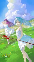 Rule 34 | 2girls, absurdres, adjusting hair, aqua hair, bare legs, barefoot, blue flower, blue sky, blunt bangs, breasts, closed mouth, cloud, darr1o, dress, elf, fern (sousou no frieren), floating hair, flower, frieren, grasslands, green eyes, highres, holding, holding staff, large breasts, long hair, looking at viewer, looking to the side, multiple girls, outdoors, parted bangs, pointy ears, purple eyes, purple hair, sky, sleeveless, sleeveless dress, small breasts, smile, sousou no frieren, spaghetti strap, staff, straight hair, sundress, thick eyebrows, twintails, white dress, white flower, white hair, wind, yellow flower