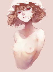 Rule 34 | 1girl, absurdres, blood, blood on face, breasts, brown hair, curly hair, female focus, flandre scarlet, hat, highres, licking lips, nipples, red eyes, slit pupils, small breasts, sola7764, solo, tongue, tongue out, topless frame, touhou, upper body