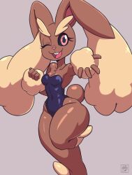 Rule 34 | 1girl, :3, animal ears, ass, bare legs, black leotard, breasts, cleavage, colored sclera, creatures (company), curvy, deathzerareal, furry, furry female, game freak, gen 4 pokemon, highleg, highleg leotard, highres, jumping, leotard, lopunny, medium breasts, nintendo, one eye closed, pink eyes, playboy bunny, pokemon, rabbit ears, rabbit girl, rabbit tail, shiny skin, simple background, solo, standing, standing on one leg, tail, teeth, thighs, upper teeth only, wide hips, wink