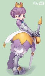 Rule 34 | 1girl, :o, aqua background, armor, armored boots, armored dress, artist name, atlus, bloomers, blunt bangs, blush, boots, breasts, brooch, chestnut mouth, crown, dated, earrings, elbow gloves, fantasy, frills, from side, full body, gauntlets, gloves, gradriel, gradriel de valendia, greaves, green background, hair bun, hands on hilt, high heel boots, high heels, jewelry, kei jiei, knee boots, looking at viewer, looking back, open mouth, planted, planted sword, planted weapon, princess crown, purple eyes, purple hair, shadow, short hair, simple background, single earring, single hair bun, small breasts, solo, spiked knuckles, spikes, standing, sword, underwear, weapon, white bloomers