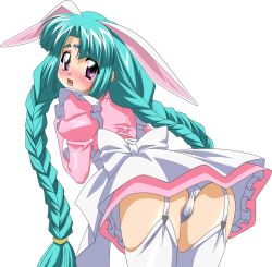 Rule 34 | 1990s (style), absurdres, animal ears, blush, bow, braid, rabbit ears, bunny girl, canal volphied, dress, green hair, highres, long hair, lost universe, maid, panties, plait, purple eyes, thighhighs, underwear, uniform, vector trace