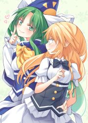 Rule 34 | 2girls, bad id, bad pixiv id, black neckwear, blonde hair, blue capelet, blue headwear, bow, bowtie, braid, capelet, commentary request, floral background, green background, green eyes, green hair, hat, head tilt, heart, highres, ina (inadahime), index finger raised, kirisame marisa, long hair, long sleeves, looking back, mima (touhou), multiple girls, no headwear, no headwear, puffy short sleeves, puffy sleeves, short sleeves, single braid, touhou, touhou (pc-98), wizard hat, yellow bow, yellow eyes, yellow neckwear