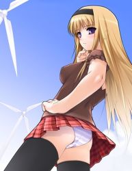 Rule 34 | 1girl, ass, black thighhighs, blonde hair, cloud, day, hairband, long hair, panties, plaid, plaid skirt, skirt, sky, solo, striped clothes, striped panties, thighhighs, underwear, upskirt, windmill