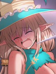 Rule 34 | 1girl, bare shoulders, blade to throat, blonde hair, blood, blush, closed eyes, crying, facing viewer, green hat, hair ornament, hair scrunchie, hat, implied rape, long hair, low-tied long hair, mame rakko, open mouth, out-of-frame censoring, pointy ears, rinna mayfield, scared, scrunchie, shining (series), shining resonance, solo, sweat, tears, torn clothes