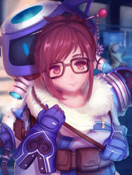 Rule 34 | 1girl, bad id, bad pixiv id, belt, belt pouch, black-framed eyewear, blue gloves, brown eyes, brown hair, chinese commentary, chinese text, closed mouth, coat, commentary request, drone, feng yezi, fur-trimmed jacket, fur coat, fur trim, glasses, gloves, hair bun, hair ornament, hair stick, highres, jacket, looking at viewer, mei (overwatch), overwatch, overwatch 1, parka, pouch, short hair, single hair bun, smile, snowflake hair ornament, solo, swept bangs, upper body, utility belt, winter clothes, winter coat