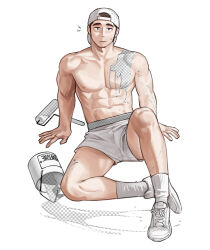 Rule 34 | 1boy, abs, bara, baseball cap, biceps, expressionless, fake transparency, hat, highres, knee up, looking at viewer, male focus, muscular, muscular male, navel, nipples, original, paint, paint can, paint on body, paint roller, pectorals, rinotuna, shoes, shorts, simple background, sitting, socks, solo, white background, white footwear, white hat, white shorts, white socks