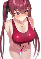 Rule 34 | 1girl, absurdres, arm behind back, black ribbon, blush, breasts, censored, cleavage, clothes pull, earrings, from above, hair ornament, hair ribbon, hairclip, heart, heart earrings, heart necklace, highres, hololive, houshou marine, jewelry, large breasts, looking to the side, necklace, one-piece swimsuit, one-piece swimsuit pull, oshiruko (oshiruco 212048), parted lips, raised eyebrows, red eyes, red hair, red one-piece swimsuit, ribbon, simple background, solo, swimsuit, twintails, virtual youtuber, wedgie, white background, yellow eyes