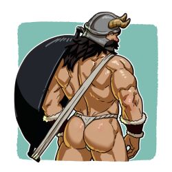 Rule 34 | 1boy, alternate muscle size, artist request, ass, bara, beard, dungeon meshi, dwarf, facial hair, fake horns, from behind, fundoshi, helmet, horned helmet, horns, japanese clothes, long beard, looking at viewer, looking back, male focus, mature male, muscular, muscular male, mustache, peisuky, senshi (dungeon meshi), solo, standing, thick mustache, thick thighs, thighs, triceps, very long beard, wok