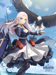 Rule 34 | 1girl, armband, azur lane, bald eagle, bird, black dress, black pantyhose, blue eyes, blue flower, blue rose, blue sky, breasts, choker, cleavage, cloud, collarbone, commentary request, day, dress, eagle, flight deck, flower, highres, hoshizaki reita, large breasts, logo, long hair, long sleeves, looking at viewer, low neckline, ocean, official art, outdoors, pantyhose, parted bangs, parted lips, rigging, rose, sky, standing, very long hair, white hair, yorktown (azur lane)