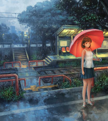 Rule 34 | 1girl, arm at side, arm up, blue skirt, grass, holding, holding umbrella, lamppost, looking at viewer, original, outdoors, pleated skirt, poripori, power lines, puddle, railroad tracks, rain, red eyes, red umbrella, reflection, sandals, shirt, short hair, skirt, sleeveless, sleeveless shirt, solo, stairs, standing, sunlight, train station, tree, umbrella, white shirt