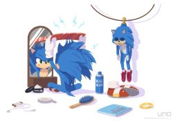 Rule 34 | 1boy, adjusting hair, bad id, bad twitter id, blue fur, commentary request, cosplay, digital media player, earbuds, earphones, furry, furry male, gloves, green eyes, hedgehog, hedgehog ears, highres, indian style, kigurumi, large shoes, male focus, mirror, mirror image, red footwear, redesign, shoes, sitting, sneakers, snout, solo, sonic (live action), sonic (series), sonic the hedgehog, sonic the hedgehog (film), ugly sonic, uno yuuji, white gloves