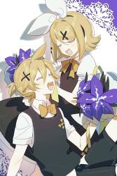 Rule 34 | 1boy, 1girl, :d, ahoge, blonde hair, blush, bouquet, bow, bowtie, chi ya, closed eyes, collared shirt, dress, facing another, flipped hair, flower, hair bow, hair ornament, hairband, hairclip, highres, holding, holding bouquet, kagamine len, kagamine rin, knees up, neck ribbon, open mouth, pinafore dress, ponytail, puffy short sleeves, puffy sleeves, purple flower, ribbon, shirt, short hair, short sleeves, shorts, sleeveless dress, smile, sweater vest, vocaloid
