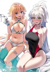 Rule 34 | 2girls, :d, absurdres, adapted costume, ahoge, aqua thighhighs, arm support, bare legs, bare shoulders, bikini, black-framed eyewear, black one-piece swimsuit, blonde hair, blue eyes, blush, breasts, cleavage, collarbone, competition swimsuit, covered navel, crossed legs, embarrassed, unworn eyewear, fate/grand order, fate (series), gloves, grey hair, hair between eyes, hand on own chest, high ponytail, highleg, highleg swimsuit, highres, holding, holding removed eyewear, jeanne d&#039;arc alter (swimsuit berserker) (fate), jeanne d&#039;arc (fate), jeanne d&#039;arc (ruler) (fate), jeanne d&#039;arc (swimsuit archer) (fate), jeanne d&#039;arc (swimsuit archer) (second ascension) (fate), jeanne d&#039;arc alter (fate), jeanne d&#039;arc alter (swimsuit berserker) (fate), large breasts, long hair, looking away, looking down, multiple girls, navel, nose blush, o-ring, o-ring bikini, o-ring bottom, o-ring top, one-piece swimsuit, open mouth, pale skin, ponytail, pool, poolside, round teeth, scan, simple background, single thighhigh, sitting, smile, soaking feet, stomach, sweat, swimsuit, teeth, thigh strap, thighhighs, upper teeth only, v-shaped eyebrows, very long hair, water, white background, white gloves, yd (orange maru)