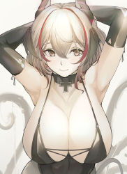 Rule 34 | 1girl, absurdres, alternate costume, armpits, arms behind head, arms up, azur lane, black choker, black leotard, black pantyhose, breasts, brown eyes, choker, cleavage, closed mouth, cross, cross necklace, demon girl, demon tail, elbow gloves, garter straps, gloves, hair between eyes, halloween costume, head wings, highres, horns, jewelry, large breasts, leotard, necklace, pantyhose, roon (azur lane), silver hair, smile, tail, thighhighs, wings, yellow eyes, yusha m