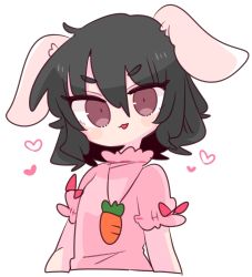 Rule 34 | 1girl, animal ears, black hair, carrot, carrot necklace, dress, floppy ears, frilled dress, frilled sleeves, frills, highres, inaba tewi, jewelry, necklace, op na yarou, pendant, pink dress, puffy short sleeves, puffy sleeves, rabbit ears, rabbit girl, rabbit tail, red eyes, ribbon-trimmed dress, short hair, short sleeves, simple background, tail, touhou, white background