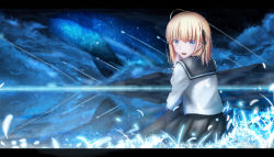 Rule 34 | 1girl, :d, alternate costume, artoria pendragon (all), artoria pendragon (fate), bad id, bad pixiv id, black pantyhose, black ribbon, blue eyes, blush, fate/stay night, fate (series), glowing, hair ribbon, highres, looking at viewer, magicians (zhkahogigzkh), open mouth, pantyhose, ribbon, saber (fate), school uniform, serafuku, shooting star, sitting, smile, solo, whale