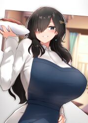 Rule 34 | 1girl, apron, black eyes, black hair, blue apron, blurry, blurry background, breasts, collared dress, curtains, dress, earrings, food, hair ornament, hair over one eye, hair over shoulder, hand on own hip, highres, holding, holding plate, jewelry, large breasts, long bangs, long hair, original, plate, tylwing, white dress