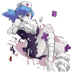Rule 34 | 770mk, blue hair, breasts, character name, cleavage, eyepatch, gloves, hair ornament, hair over one eye, half-closed eyes, hat, large breasts, latex, latex gloves, leg wrap, looking at viewer, mask, mouth mask, nurse cap, ponytail, red eyes, skull hair ornament, skullgirls, surgical mask, valentine (skullgirls), white background