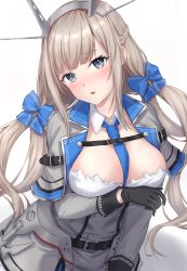 Rule 34 | 1girl, belt, between breasts, black belt, black gloves, blonde hair, blue eyes, blue necktie, blush, breasts, capelet, dress, gloves, grey capelet, grey dress, headgear, highres, kantai collection, large breasts, long hair, long sleeves, looking at viewer, maryland (kancolle), monoku, necktie, open mouth, simple background, solo, upper body, white background