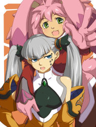 Rule 34 | 2girls, :3, :o, ahoge, animal ears, blue eyes, blush, coat, detached sleeves, gloves, green eyes, grey hair, hair ornament, hairpin, happy, jewelry, long hair, messy hair, multiple girls, no~ma, open mouth, pink hair, rabbit ears, seraphita, seraphita (xenogears), short hair, simple background, tolone, tolone (xenogears), twintails, v, xenogears