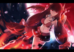 Rule 34 | 1girl, bikini, bikini top only, black hair, breasts, cleavage, dragon wings, fire, frills, front-tie top, hime cut, jewelry, lancefate, light particles, long hair, necklace, original, pixiv fantasia, pixiv fantasia fallen kings, polearm, red bikini, red eyes, serious, single thighhigh, skull, slit pupils, solo, spear, swimsuit, thighhighs, very long hair, watermark, weapon, wings