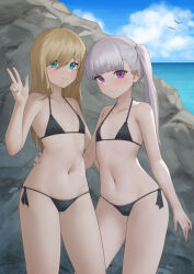 Rule 34 | 2girls, absurdres, aqua eyes, arm around waist, arm at side, bare arms, bare shoulders, bikini, black bikini, blonde hair, blunt bangs, character request, closed mouth, cloud, cloudy sky, collarbone, contrapposto, feet out of frame, flat chest, hair between eyes, hand up, highres, horizon, light blush, long hair, looking at viewer, micro bikini, miso (b7669726), monster strike, multiple girls, navel, ocean, outdoors, purple eyes, rock, side-tie bikini bottom, side ponytail, sky, smile, standing, stomach, straight hair, string bikini, swept bangs, swimsuit, v, white hair