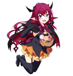 Rule 34 | 1girl, :d, black cape, black footwear, black thighhighs, blue eyes, braid, cape, claw pose, elbow gloves, fangs, felutiahime, frilled skirt, frills, gloves, halloween, halloween bucket, heterochromia, highres, hololive, hololive english, horns, irys (hololive), layered skirt, long hair, multicolored hair, multiple horns, open mouth, pink hair, pointy ears, purple eyes, red cape, red hair, simple background, skirt, smile, solo, strapless, thigh strap, thighhighs, tube top, twin braids, two-sided cape, two-sided fabric, vampire, virtual youtuber, white background