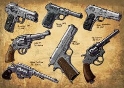 Rule 34 | brown background, chipped paint, colt 1903, commentary, english commentary, fn herstal, gun, handgun, highres, hoborginc, light brown background, limited palette, logo, m1911, no humans, original, revolver, s&amp;w m10, smith &amp; wesson, smith &amp; wesson m1917, still life, vignetting, weapon, weapon focus, weapon name