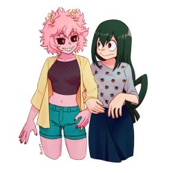 Rule 34 | 10s, 2girls, :d, alternate costume, ashido mina, asui tsuyu, black sclera, boku no hero academia, breasts, cardigan, casual, colored sclera, frog girl, green hair, highres, holding own arm, horns, locked arms, long hair, long sleeves, looking at another, midriff, multiple girls, navel, open clothes, open mouth, pink hair, short hair, shorts, smile, teeth, transparent background, yellow eyes