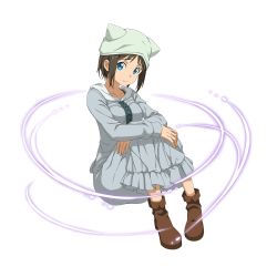 Rule 34 | 1girl, animal ears, blue eyes, boots, brown footwear, closed mouth, collarbone, fake animal ears, full body, grey skirt, grey sweater, hat, highres, hood, hooded sweater, hugging own legs, long skirt, long sleeves, looking at viewer, official art, ronye arabel, sitting, skirt, solo, sweater, sword art online, traditional media, transparent background, white hat