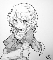 Rule 34 | 1girl, anzu ame, arm warmers, blush, greyscale, millipen (medium), mizuhashi parsee, monochrome, pointy ears, pout, scarf, shikishi, short hair, signature, solo, touhou, traditional media, upper body