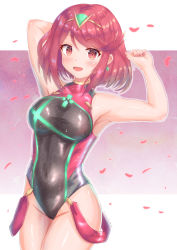 Rule 34 | 1girl, armpits, arms up, artist name, bare shoulders, black one-piece swimsuit, blush, breasts, cocoasabure, competition swimsuit, covered navel, cowboy shot, gradient background, highres, looking at viewer, medium breasts, nintendo, one-piece swimsuit, open mouth, petals, pyra (pro swimmer) (xenoblade), pyra (xenoblade), red eyes, red hair, short hair, smile, solo, standing, swept bangs, swimsuit, tiara, turtleneck, xenoblade chronicles (series), xenoblade chronicles 2