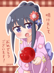 Rule 34 | 1girl, 2020, :d, black hair, blue bow, blue flower, blush, bow, brown background, candy apple, commentary request, floral print, flower, food, hair between eyes, hair flower, hair ornament, hana kazari, highres, holding, holding food, japanese clothes, kimono, leaning forward, long sleeves, looking at viewer, obi, open mouth, outline, pink kimono, print kimono, purple eyes, red flower, sash, shirosaki hana, sidelocks, sleeves past wrists, smile, solo, translated, watashi ni tenshi ga maiorita!, white outline, wide sleeves