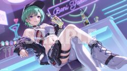 Rule 34 | 1girl, bare legs, bare shoulders, baseball cap, black hat, black jacket, bottle, breasts, camisole, commentary request, crop top, crossed legs, gomashio ponz, green hair, grin, hat, high heels, holding, holding bottle, indoors, jacket, looking at viewer, medium breasts, midriff, navel, off shoulder, open clothes, open jacket, pantyhose, purple eyes, sample watermark, single leg pantyhose, sitting, smile, solo, stomach, thigh strap, virtual youtuber, vspo!, watermark, white footwear, white pantyhose, yakumo beni