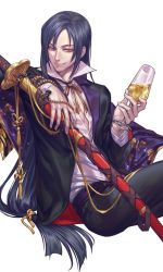 Rule 34 | 1boy, beads, belt, black hair, black pants, bow, bowtie, closed mouth, collar, collared jacket, collared shirt, cup, drink, drinking glass, eyeliner, hangleing, holding, holding cup, holding drink, holding sword, holding weapon, jacket, jirou tachi, long hair, long sleeves, looking at viewer, makeup, male focus, open clothes, pants, parted bangs, purple belt, scabbard, sheath, shirt, simple background, sitting, smile, solo, striped bow, striped bowtie, striped clothes, striped neckwear, sword, touken ranbu, weapon, white background, white shirt, wine glass