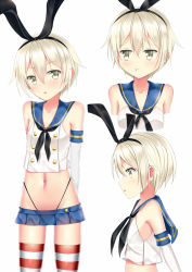 Rule 34 | 1girl, :t, alternate hair length, alternate hairstyle, bad id, bad pixiv id, bare shoulders, black hairband, black neckerchief, black panties, black ribbon, blue sailor collar, blue skirt, blush, closed mouth, collarbone, crop top, cropped torso, elbow gloves, female focus, gloves, gluteal fold, grey eyes, groin, hair between eyes, hair ribbon, hairband, head tilt, highleg, highleg panties, highres, kantai collection, looking at viewer, looking away, looking to the side, midriff, miniskirt, multiple views, navel, neckerchief, panties, parted lips, pleated skirt, pout, profile, puririn, ribbon, sailor collar, school uniform, serafuku, shimakaze (kancolle), shirt, short hair, silver hair, simple background, skirt, sleeveless, sleeveless shirt, striped clothes, striped thighhighs, thighhighs, underwear, white background, white gloves, white shirt