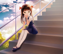 Rule 34 | 1girl, blurry, brown hair, cloud, cloudy sky, day, full body, hair ornament, kinmedai (feeno), light smile, long hair, looking at viewer, mary janes, original, outdoors, pantyhose, plaid, railing, shoes, short sleeves, sitting, skirt, sky, solo, stairs, twintails, white pantyhose