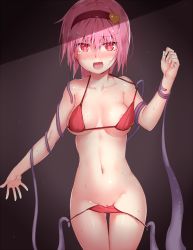 Rule 34 | 1girl, @ @, areola slip, assisted exposure, bad id, bad pixiv id, bikini, bikini pull, blush, breasts, censored, cleavage, clothes pull, collarbone, cowboy shot, embarrassed, fang, female focus, hair between eyes, hairband, hand up, heart, heart censor, highres, komeiji satori, looking at viewer, medium breasts, navel, nose blush, open mouth, partially visible vulva, pink hair, pussy, pussy peek, red bikini, red eyes, shiny skin, short hair, solo, standing, sweat, swimsuit, symbol-shaped pupils, tears, tentacles, thighhighs, thighs, touhou, underboob, yonaga (masa07240)