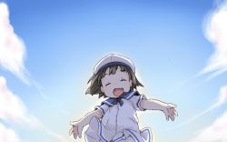 Rule 34 | 1girl, blue sailor collar, blush, brown hair, child, closed eyes, cloud, daitou (kancolle), day, dress, ham (points), kantai collection, open mouth, sailor collar, sailor dress, short sleeves, sky, solo, white dress, white headwear