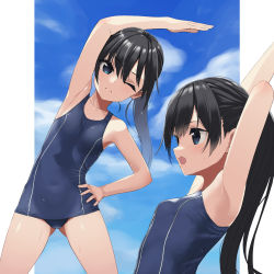 Rule 34 | 1girl, alternate hairstyle, asashio (kancolle), black hair, blue eyes, blue one-piece swimsuit, blue sky, cloud, commentary request, cowboy shot, exercising, flat chest, highres, kantai collection, kuronaga, long hair, looking at viewer, multiple views, one-piece swimsuit, ponytail, school swimsuit, sky, standing, swimsuit, upper body