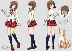 Rule 34 | 1girl, absurdres, artist name, blazer, bob cut, brown eyes, brown hair, character sheet, dated, dog, grey background, hagiwara yukiho, heart, highres, idolmaster, idolmaster (classic), idolmaster million live!, jacket, kneehighs, loafers, multiple views, necktie, plaid, plaid skirt, scared, shaded face, shiba inu, shoes, short hair, signature, simple background, skirt, smile, socks, striped necktie, tail, tail wagging, takatsuki p, thought bubble, turnaround, uniform series (idolmaster)
