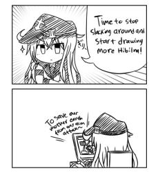 Rule 34 | 10s, 1girl, 2koma, anchor symbol, bras d&#039;honneur, clenched hand, comic, computer, earth defense force, emphasis lines, english text, greyscale, hat, hibiki (kancolle), instant loss, kantai collection, laptop, long hair, lowres, monochrome, raythalosm, school uniform, serafuku, sparkle, verniy (kancolle)
