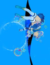 Rule 34 | 1girl, absurdres, blue background, blue footwear, blue hair, blue theme, boots, bubble, closed eyes, highres, magical girl, mahou shoujo madoka magica, mahou shoujo madoka magica (anime), mihifu, miki sayaka, short hair, solo, thighhighs, upside-down, white thighhighs, wide shot