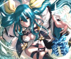 Rule 34 | 1girl, angel wings, asymmetrical wings, bare shoulders, belt, black legwear, black panties, blue hair, breasts, brown eyes, buttons, choker, cleavage, cleavage cutout, clothing cutout, dizzy (guilty gear), feathers, from above, guilty gear, guilty gear xrd, hair between eyes, hair rings, ice, large breasts, long hair, looking at viewer, mariebell, midriff, monster girl, navel, panties, ribbon, signature, solo, tail, tail ornament, tail ribbon, thick thighs, thigh strap, thighs, twintails, underwear, wide sleeves, wings, yellow ribbon
