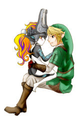 Rule 34 | 1boy, 1girl, artist request, eye contact, link, looking at another, midna, nintendo, pointy ears, sitting, sitting on lap, sitting on person, size difference, the legend of zelda, the legend of zelda: twilight princess, white background